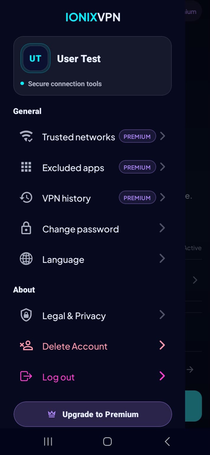 Current IonixVPN navigation showing premium controls and account options