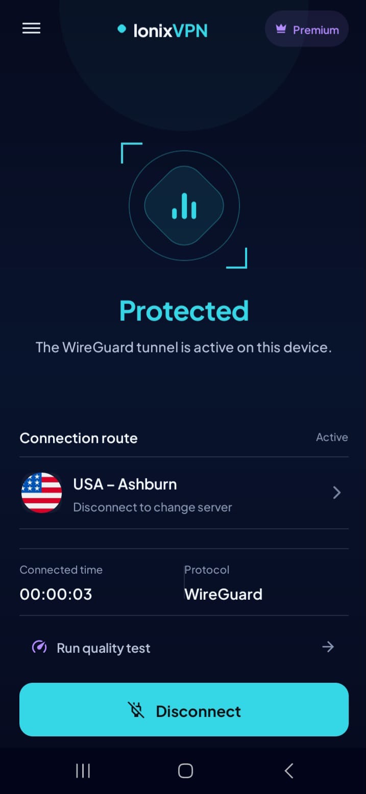 Current IonixVPN protected screen with active WireGuard connection
