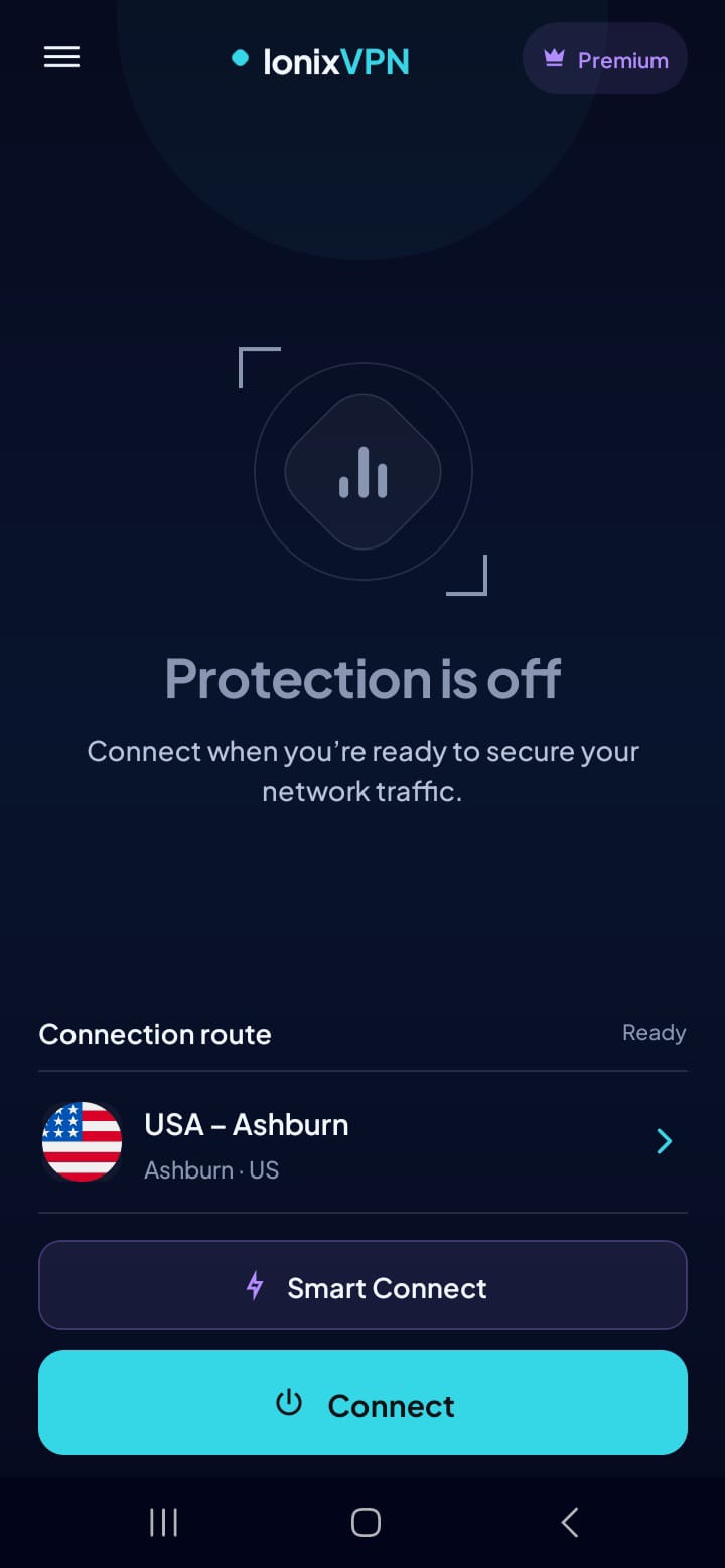 Current IonixVPN home screen ready to connect to the Ashburn server